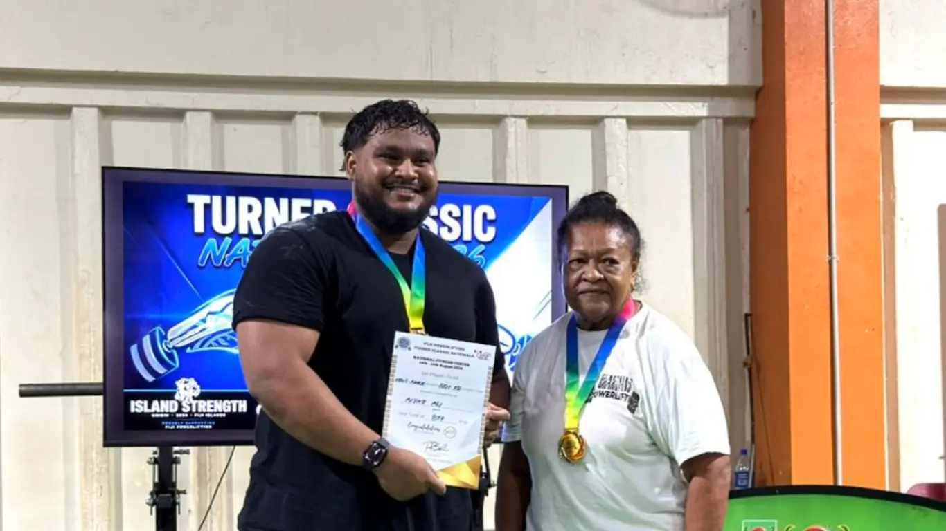 Sainimili Turner (right) at Rabuka Gym, Suva on August 15, 2026. Photo: Powerlifting Fiji Media