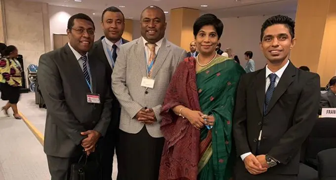 The Fijian delegation ready to go at World Health Assembly at the Palace of Nations in Geneva. From left: CWM Hospital Medical Superintendent Dr Jemesa Tudravu, First Secretary Fiji Mission Vueti May, Ministers for Health Dr Ifereimi Waqainabete, Fiji’s Permanent Representative to the United Nations in Geneva Nazhat Shameen Khan and Subdivisional Medical Officer Nadroga/Navosa Dr Amos Zibran at the World Health Assembly on May 20,2019.  Photo: DEPTFO News