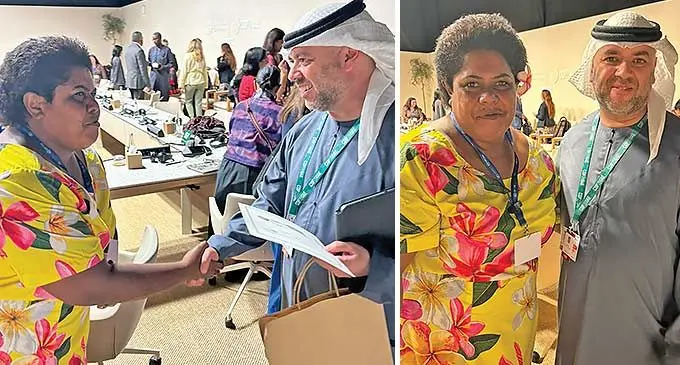 Nacula district representative Lavenia Naivalu with Ambassador Majid Al-Suwaidi, director general of the UAE presidency of COP28 after her remarks were made at the sidelines of COP28 in Dubai on December 5, 2023. Photo: Inoke Rabonu