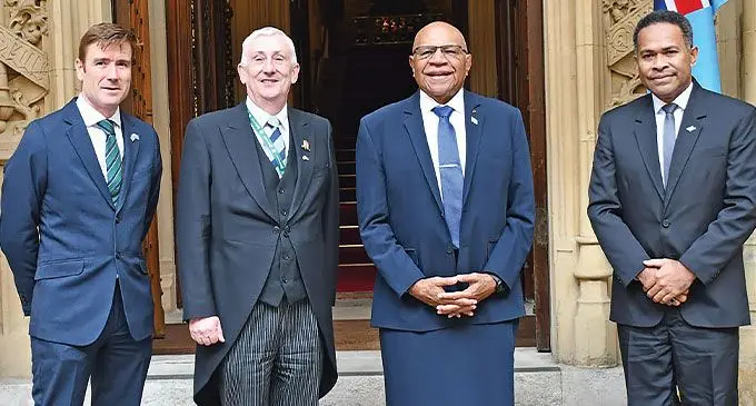 From left: British High Commissioner to Fiji Dr Brian James Jones, Speaker of the House of Commons Sir Lindsey Hoyle, Prime Minister Sitiveni Rabuka and Fiji’s High Commissioner to UK Jovilisi Suveinakama at House of Commons at the Palace of Westminster in London, England. Photo: DEPTFO News