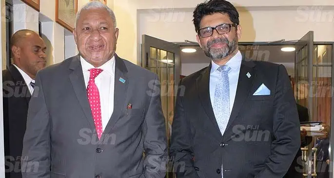 Prime Minister Voreqe Bainimarama with Minister of Economy and Attorney General Aiyaz Sayed-Khaiyum after the 20192020 budget announcement in Parliament on 7, June 2019. Photo: Ronald Kumar.