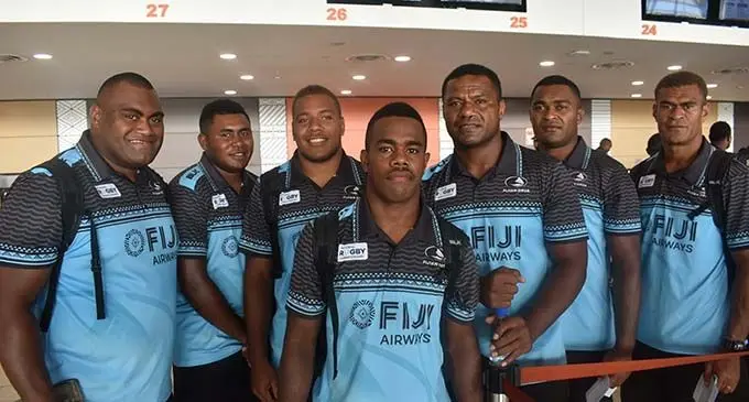 Fiji Airways Fijian Drua players (left-right) Penijamini Makutu, Anasa Kamikamica, Tevita Ikanivere, Osea Waqa, Ulaiasi Lawavou, Jone Navori, Enele Malele at Nadi International Airport on October 18, 2019. Photo: Waisea Nasokia