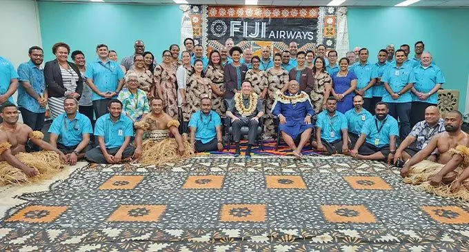 Fiji Airways Managing Director and Chief Executive Officer Andre Viljoen and Prime Minister Sitiveni Rabuka after traditional ceremony on his first official visit to Fiji Airways. Photo: Fiji Airways