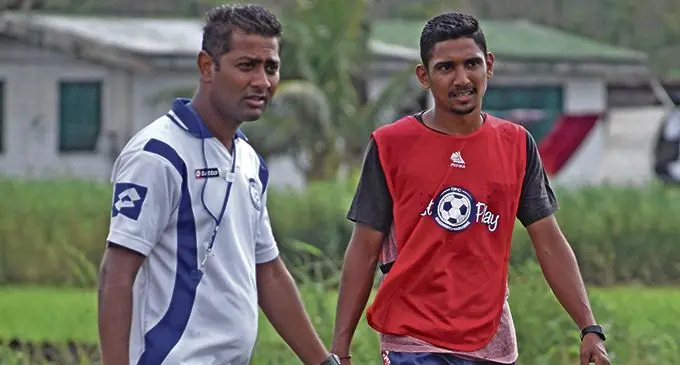 Interim Labasa football coach Ravneel Pratap (left) and midfielder Ashnil Raju during training at Labasa Muslim Primary School ground on February 10, 2021. Photo: Shratika Naidu