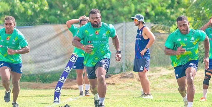 Swire Shipping Fijian Drua players from left: Kavaia Tagivetaua, Mesulame Dolokoto and Leone Nawai during their training session in Naisoso, Nadi. Photo: Fijian Drua