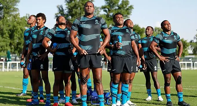 Fiji Airways Fijian sevens team after training in Dubai on December 1, 2021. From left: Joseva Talacolo, Iowane Raturaciri, Manueli Maisamoa, Josua Vakurinabili (captain), Tevita Daugunu, Panapasa Qeruqeru, Filipe Sauturaga and Waisea Nacuqu. Photo: World Rugby Sevens 