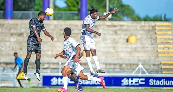 Ba’s Kalaveti Sivoi heads the ball away from Suva players during their National League opener at the HFC Bank Stadium on February 23, 2025. Photo: Leon Lord