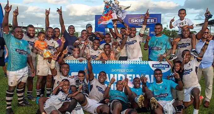 Veteran BLK Nadroga front rowers; From left Ratunaisa Navuma (in Suva jersey) and Jone Koroiduadua with their team-mates after winning the Skipper Cup 2024 season. The Stallions beat FMF Suva 22-17 in the final on June 22, 2024. Photo: Leon Lord