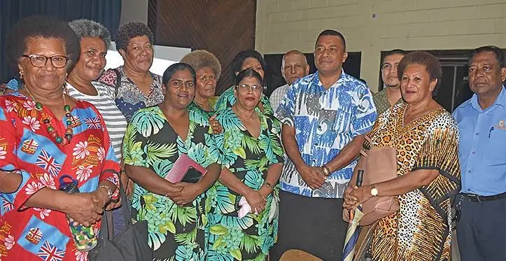 Minister for Housing and Local Government, Maciu Katamotu Nalumisa with Nadi Special Administrator chairperson Lawrence Kumar (third from right) with participants during the Ministry of Local Government public consultation at the Civic Centre in Nadi on May 2, 2023 Photo: Mereleki Nai