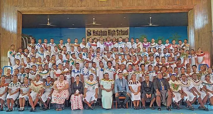 (Seated centre) Permanent Secretary for Education Selina Kuruleca with the newly-inducted prefects of Natabua High School at Lautoka on March 15, 2024. Photo: Salote Qalubau
