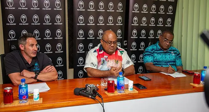 From left: Fiji Airways Fijian 7s head coach Ben Gollings, Fiji Rugby Union chairman Commodore Humphrey Tawake and acting chief executive officer Sale Sorovaki during the team announcement at the Fiji Rugby House on August 22, 2022. Photo: Leon Lord