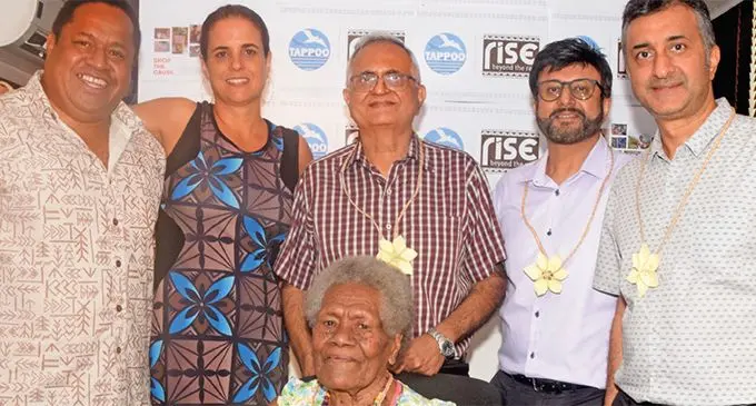 From left: Rise Beyond the Reef (RBTR) co-founders Semi Lotawa and Janet Lotawa with Tappoo Group of Companies Executive Chairman, Kanti Lal Tappoo,  Harish Tappoo, Harnish Tappoo, Vika Nanituva, aka “Bubu” (sitting). Photo: Tappoo Group of Companies