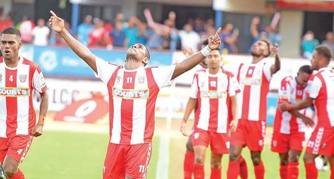 From left: Labasa players Sitiveni Rakai, Ilisoni Lolaivalu and team mates celebrate their win after defeating Lautoka during the 2020 Courts Interdistrict Championship at the ANZ Stadium, Suva on October 11 , 2020. Photo: Ronald Kumar