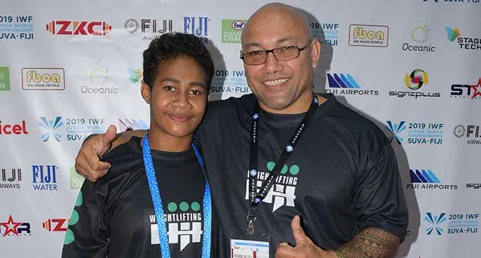 From left: Team Fiji lifter Wini Mekula with strength and conditioning coach Henry Elder at the FMF Gymnasium in Suva on June 3, 2019. Photo: Simione Haravanua