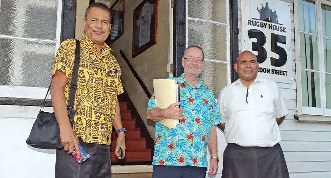 Legal Advisor Fiji Rugby Union interim trustees chairman Peter Mazey (center), with trustees Alipate Naiorosui and Mosese Naivalu following their second meeting at FRU house on May 19, 2023. Photo: Ronald Kumar 