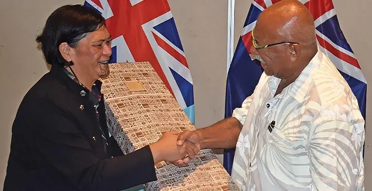 New Zealand’s Foreign Affairs Minister Nanaia Mahuta and Prime Minister Sitiveni Rabuka exchange gifts during her visit on March 16, 2023. Photo: Waisea Nasokia