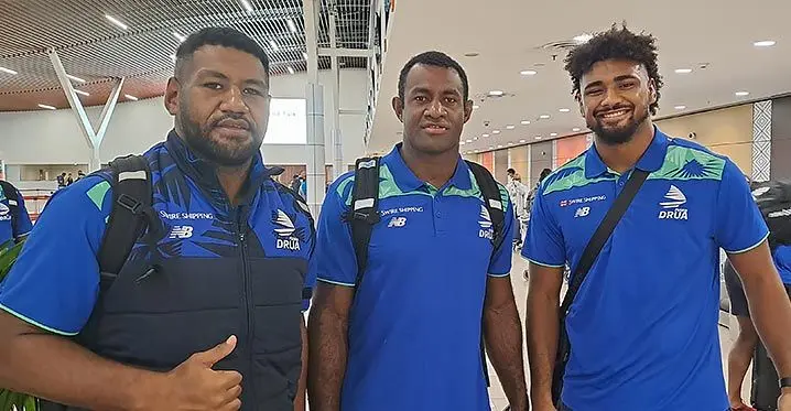 Swire Shipping Fijian Drua forwards (from left) Emosi Tuqiri, Rusiate Nasove and Isoa Nasilasila at Nadi International Airport on February 15, 2023. The three players have been named in the opening line-up of tonight’s pre-season clash against Western Force. Photo: Waisea Nasokia