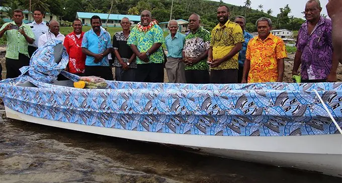 Minister for Fisheries Semi Koroilavesau handed over a 25-foot fibreglass boat to Nacamaki Village in Koro on March 22, 2019. Photo: Ministry of Fisheries