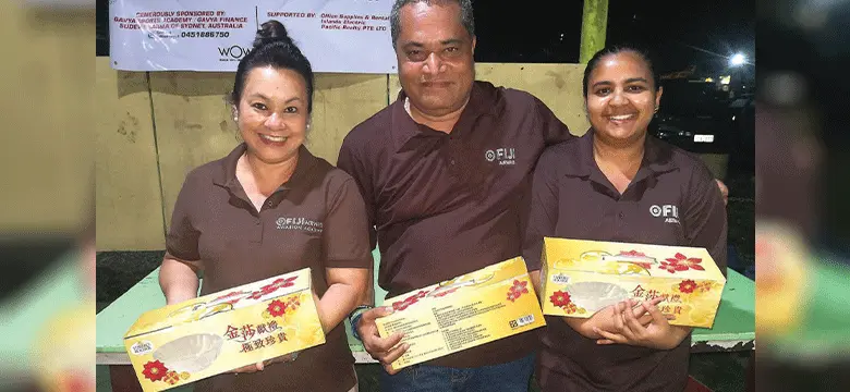 Fiji Airways team (from left) Jacqueline Chan, James Wallyln and Ruth Khan at the Lautoka Bowling Club on May 5, 2024.