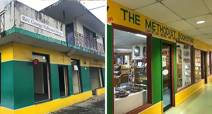 The old location of the Methodist Bookshop on Stewart Street and the new location at Epworth House on Nina Street, Suva.