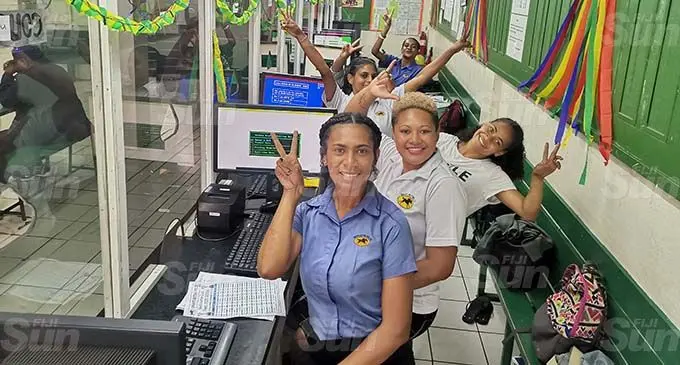 Grants Betting Limited staff; Ulamila Ditagi, Ana Racumu, Lisi Druatabua, Sheemal Dean and Ateca Baledruma at the Suva outlet on November 2, 2020. Photo: Lusiana Tuimaisala