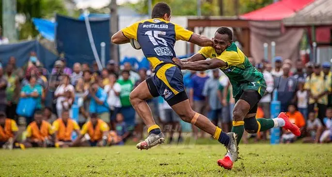 Northland fullback Saint George Talei fends off a Tailevu tackler during their Skipper Provincial Cup clash at Ratu Cakobau Park (ground 2) on April 17, 2021. Northland won 16-11. Photo: Leon Lord