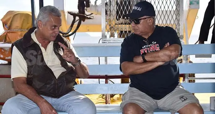 Prime Minister Voreqe Bainimarama and George Patterson (left), the managing director of the Patterson Brothers Shipping Company Ltd, onboard the Spirit of Love on July 16, 2020. Photo: Kelera Sovasiga
