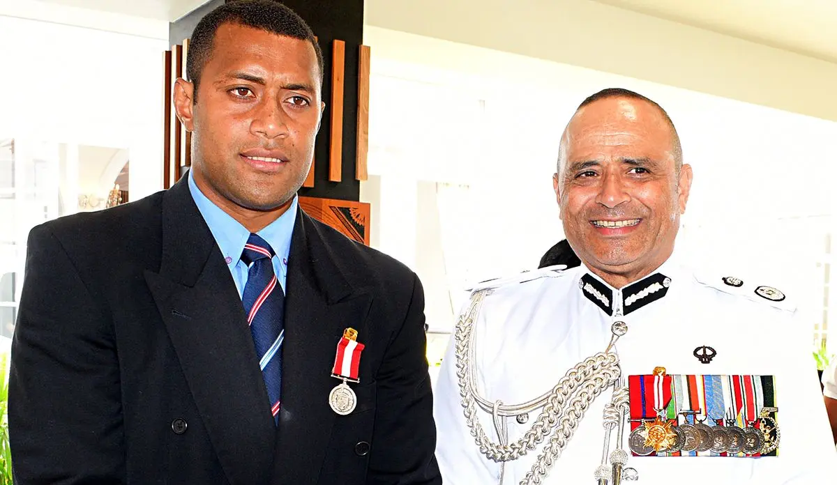 Former National Sevens rep, Samisoni Viriviri (left) and Police Commissioner Brigadier-General Sitiveni Qiliho after receiving medals from President Major-General (Ret’d)Jioji Konrote during Order of Fiji investiture ceremony at State House on November 29, 2019. Photo: Ronald Kumar.