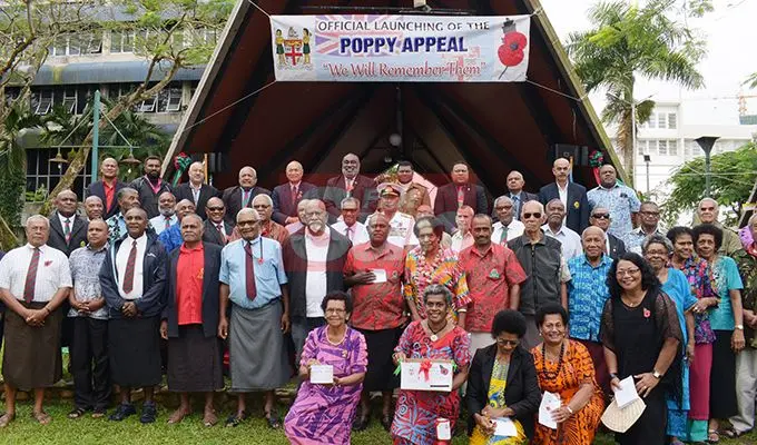 President Jioji Konrote and Acting Prime Minister and Minister for Fisheries Semi Koroilavesau with members supporters of Ex-serviceman during the launching of Poppy Appeal at Ratu Sukuna Park on October 4, 2019.Photo: Ronald Kumar.