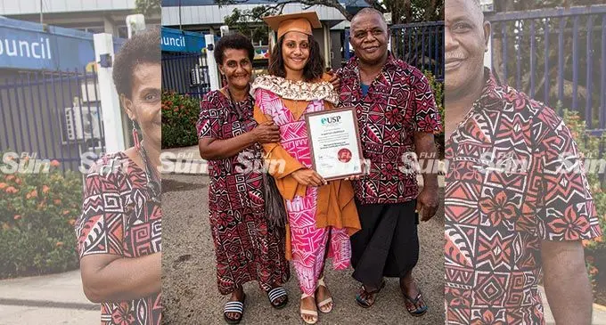 Proud graduate Anqela Faith Liganisulu flanked by her parents Anisi Senirosi (left) and Vatimio Liganisulu after the University of the South Pacific graduation event at the FMF Gymnasium, Laucala Bay on May 12, 2022. Photo: Leon Lord