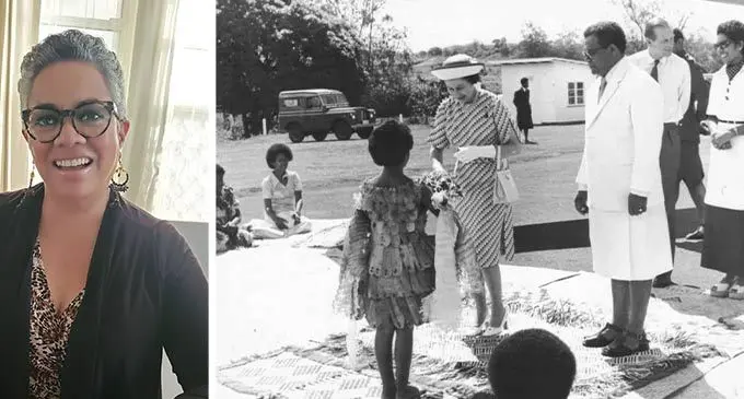(L)- Alisi Kanaimawi Panuve. (R) Nine-year-old Alisi Kanaimawi (standing left) presents a bouquet of fresh  tagimoucia flowers to Her Majesty Queen  Elizabeth II at the Labasa Airport during  her tour here in 1977. 