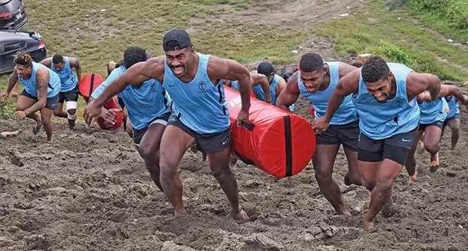 Vinaya Habosi, Peni Matawalu and Ilaisa Droasese at the sand dunes in Sigatoka on June 21, 2022. The three Swire Shipping Fijian Drua players were named in Vern Cotter’s Flying Fijians squad, preparing for the Pacific Nations Cup (PNC) Test matches next month. There were 16 players from the Drua team who were named in the squad. Fiji will host Samoa, Tonga and Australia A. Photo: Waisea Nasokia