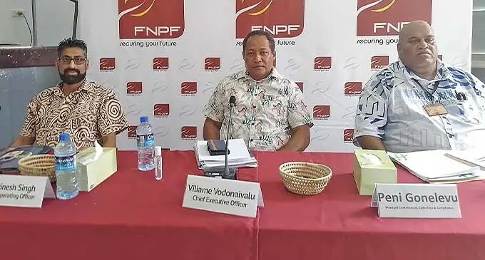 From left: Fiji National Provident Fund chief operating Officer Pravinesh Singh, chief executive officer Viliame Vodonaivalu and manager Contribution, Collection and Compliance Peni Gonelevu during the FNPF annual member forum at the Labasa Civic Centre on February 22, 2024. Photo: Jone Salusalu