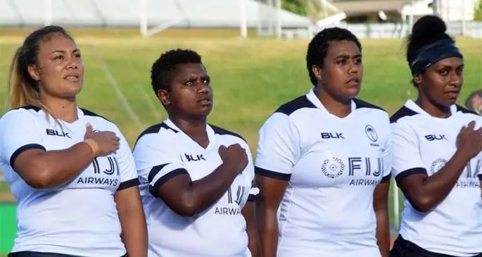 Former Fijiana XVs captain and loose head prop, Lailanie Burnes (first from left) sings the national anthem with her team-mates during the Women’s Rugby World Cup qualifier at Churchill Park, Lautoka Photo: FRU Media
