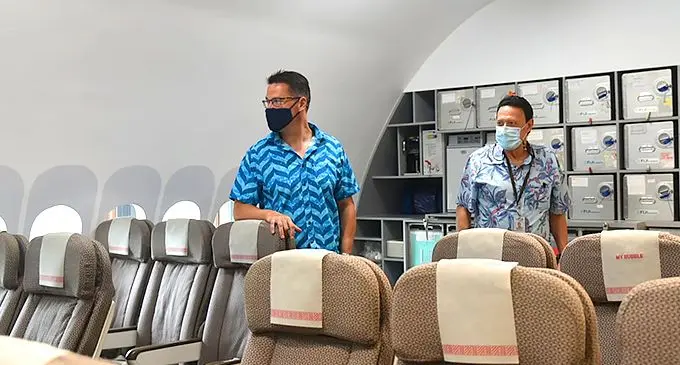 Australia’s Minister for International Development and the Pacific Senator Zed Seselja with Fiji Airways managing director and chief executive officer Andre Viljoen during a tour of the Fiji Airways Aviation Academy on November 15, 2021. Photo: Australia in Fiji