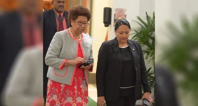 Opposition MP,Peceli Vosanibola (back), MP Ro Teimumu Kepa and Education Minister Premila Kumar outside Parliament on July 26, 2022.  Photo: Ronald Kumar