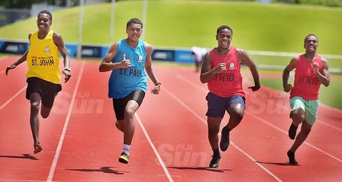 Belasio Tuisiga (second from left) during Lomary High School inter-house inter-boys 100meters at ANZ Stadium on February 19, 2021. Photo: Ronald Kumar