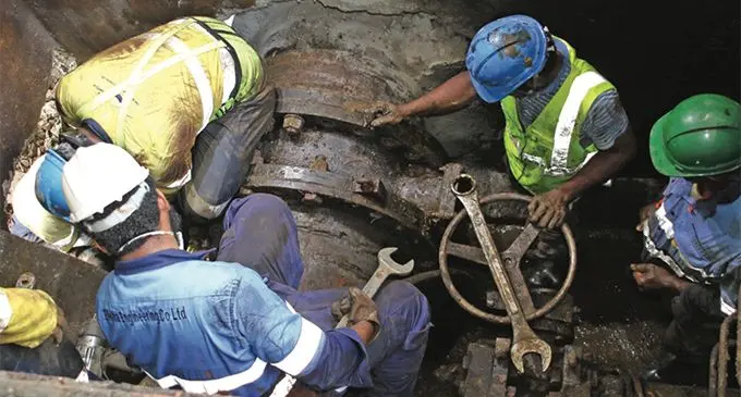 Workers of the Water Authority of Fiji contractor, Elisha Engineering Co. Limited, undertake repair works at the leakage point located along Batiri near the Vaturu Dam on April 19, 2019. Photo: Water Authority of Fiji