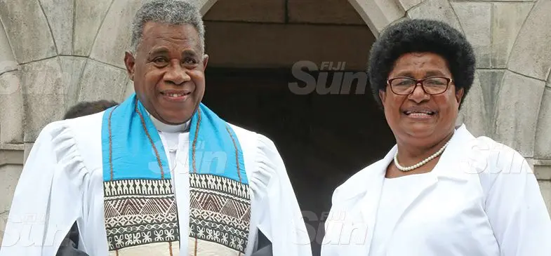 Deputy General Secretary of the Methodist Church of Fiji and Rotuma, Reverend Iliesa Naivalu, and his wife Ane Naivalu after the induction service at Centenary Church on November 3, 2019. Photo: Kelera Sovasiga