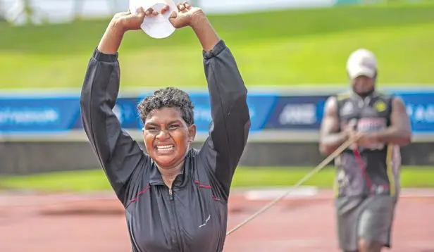 Gau Secondary School and Lomaiviti Zone sub junior girls shotput champion, Latileta Balekana, trains at the ANZ Stadium, Suva, on April 16, 2021. Photo: Leon Lord