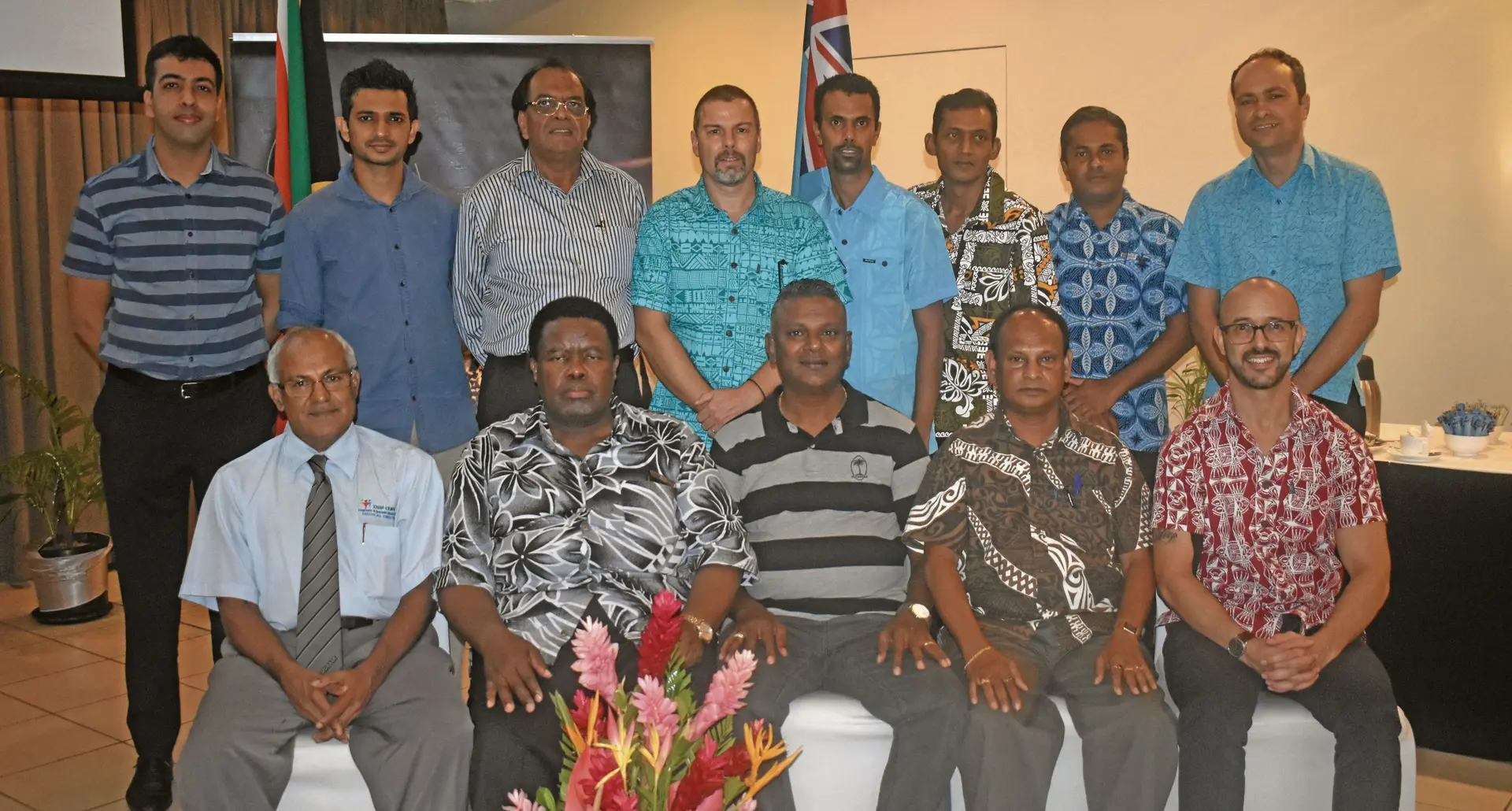 South African Chargé d’Affaires, Velelo G. Kwepile (second from left) and Nadi Chamber of Commerce and Industry president Dr Ram Raju (left) with Nadi businessmen at the Tanoa International on Friday.  Photo: Charles Chambers