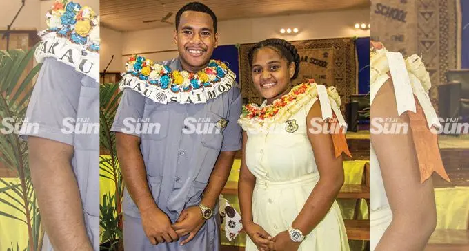 Suva Grammar School head boy Saimoni Sarau (l) and head girl Zoe Korosavu after the school prefect induction at Nasese on April 29, 2022. Photo: Leon Lord