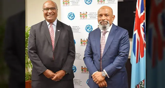 From left: Deputy Prime Minister and Minister for Trade, Co-operatives, SMEs and Communications, Manoa Kamikamica with Fiji Development Bank chief executive officer Saud Minam Photo: FDB