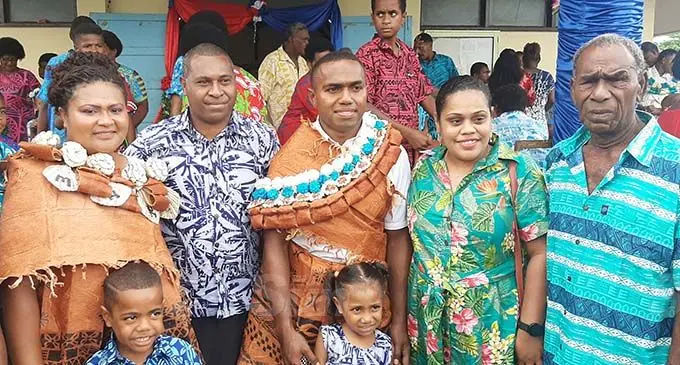 Fiji Airways Fijian 7s playmaker Waisea Nacuqu with his bride Mariana Lewaseini (left) and family members after their wedding in Ba on October 2, 2020. Photo: Salote Qalubau
