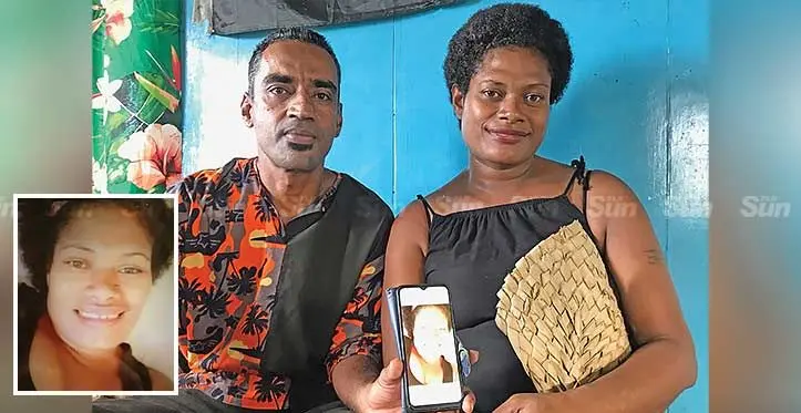 Anisi Dalitabua with her husband Lekimi Rakari showing Anaseini Vereivalu's photo at Wailevu, Labasa on May 23, 2023. Photo : Shratika Naidu Inset: The late Anaseini Vereivalu