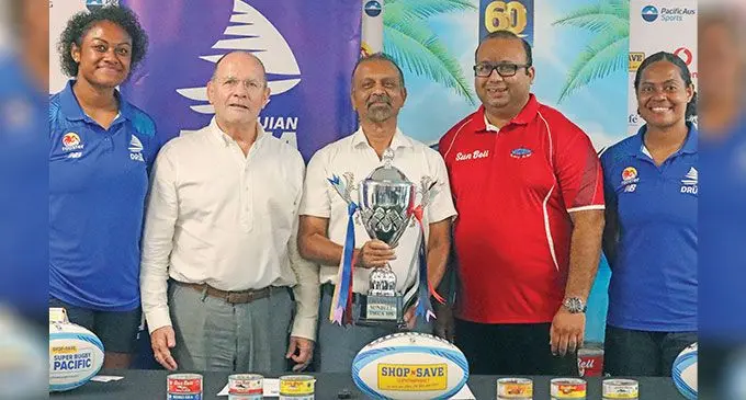 Rooster Chicken Fijian Drua Women Players Asinate Serevi (left) and Vani Arei flank Fijian Drua chief executive officer Mark Evans (second from left) Pacific Fishing Company Pte Limited chairman is Ranjan Charan and Pacific Fishing Company Pte Limited chief executive officer Saiyad Raiyum (second from right). Photo: Fijian Drua