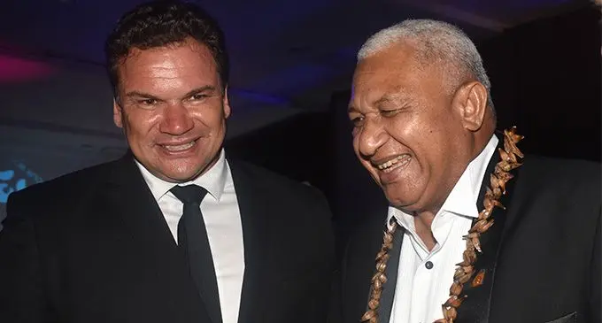 From left; Sir Michael Jones and Prime Minister Voreqe Bainimarama at the 2017 Fiji Excellence in Tourism Awards at the Denarau Convention Centre in Nadi on February 17, 2018. Photo: Waisea Nasokia.