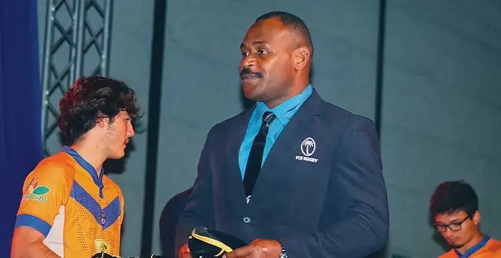 FIJI Water Flying Fijians player Levani Botia (right) receives his Rugby World Cup cap during the official welcome in Bordeaux, France. Photo: FRU Media