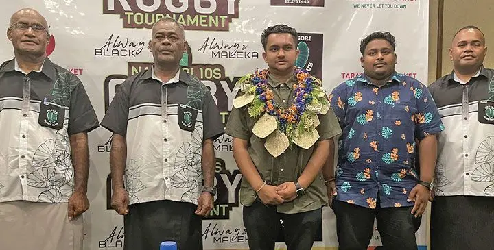 From left: Pastor Savenaca Nakeke, Nausori Rugby Club president Meli Balenaivalu, Tara’s Supermarket managing director Amish Patel, Tara’s Supermarket marketing manager Nikhil Nand and NRC tournament coordinator Malakai Yamaivava at Suva’s Holiday Inn on March 5, 2025. Photo: Ioane Asioli