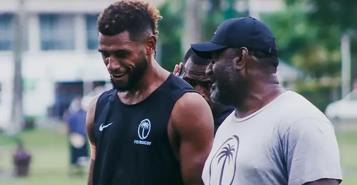Fiji Airways Fijian men's 7s squad member Ponipate Loganimasi (left), with 7s assistant coah Viliame Satala.